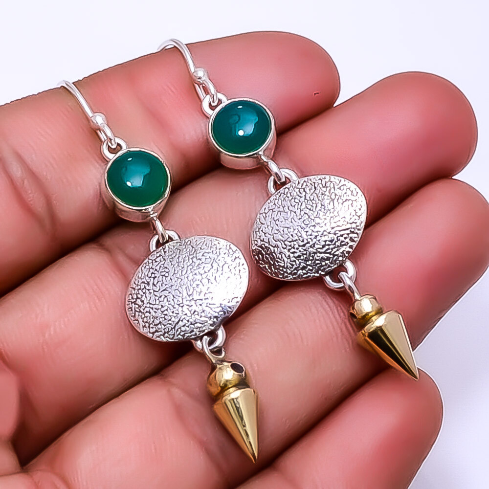 Green Onyx 925 Sterling Silver Two Tone Arrow Head Earring 2.34