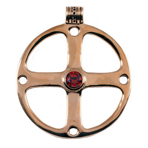 Bronze Solid Power Amulet Radamulet Garnet Sun Wheel Celtic Pendant + Ribbon