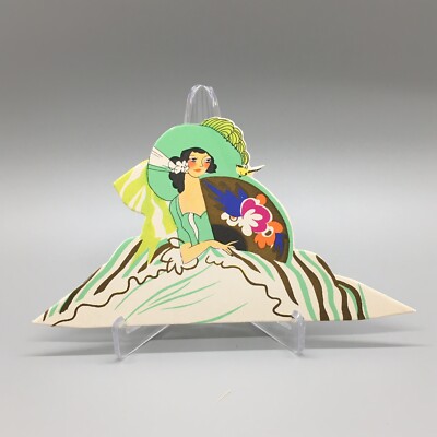 Vintage Art Deco Bridge Place Card~Lady Green Bonnet & Fan~1920s~Buzza~Gold