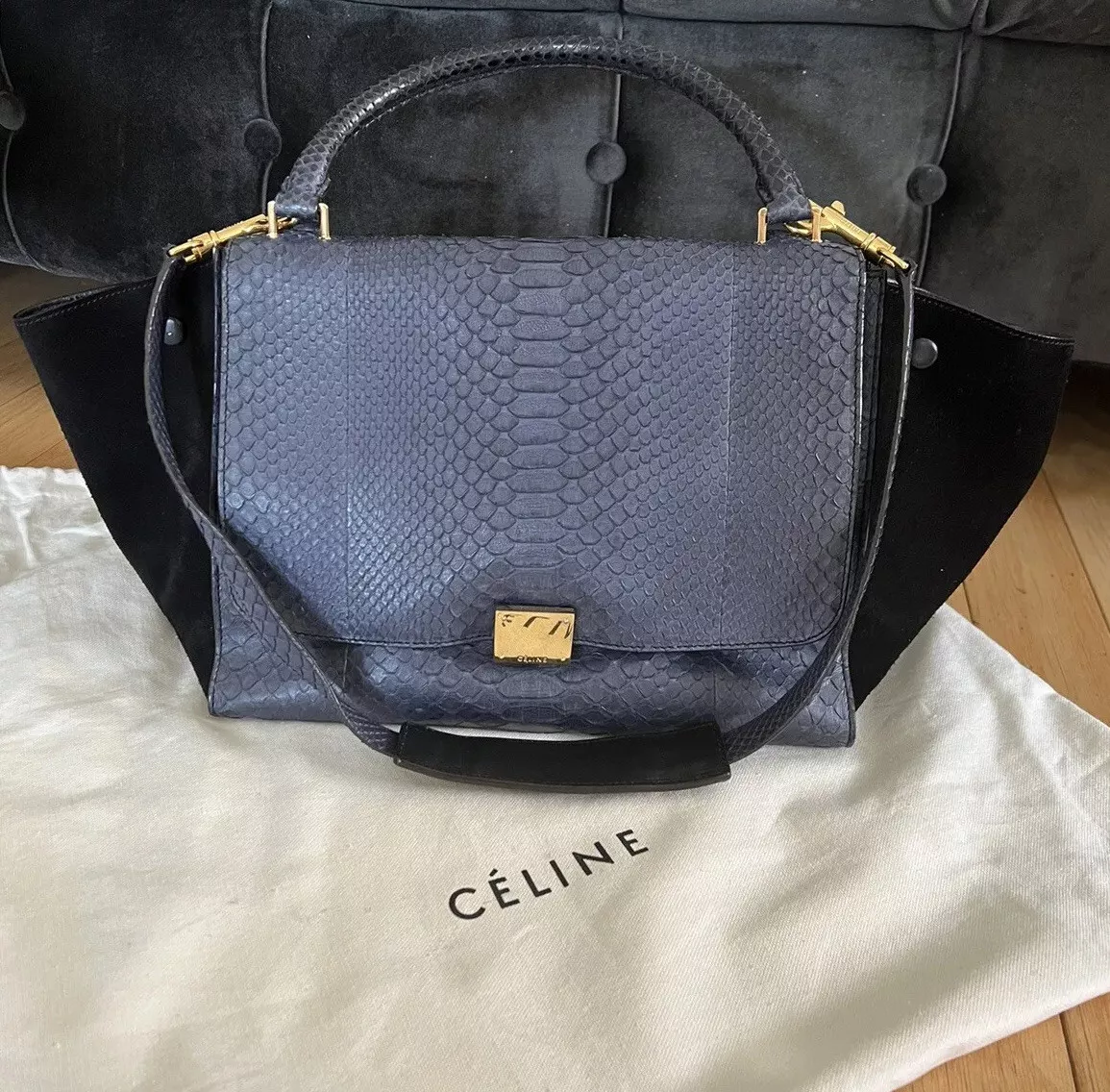 Celine Trapeze Bag Blue Python Black Suede Top Handle Tote Exotic