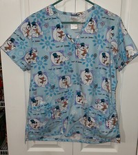 Frosty the Snowman Christmas Scrub Top Blue Let It Snow V Neck Size Medium