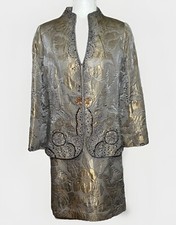 Rickie Freeman Teri Jon Womens 2pc Suit Jacket Skirt Taupe Quilted Brocade Sz 10