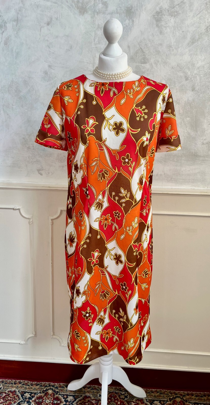 Vintage 1970's Orange Red Patchwork Polyester Ret… - image 1