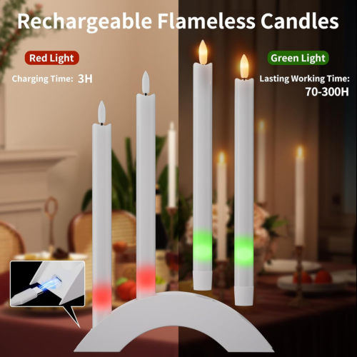 Rechargeable Flameless Taper Candles with Charging Station & Remote Timer 4Pcs L - Picture 2 of 12