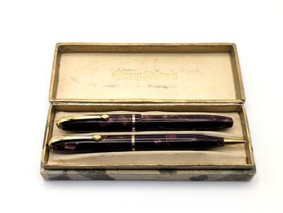 Restored Conway Stewart Dinkie 550 Pen & 25 Pencil Set Burgundy Marble Boxed