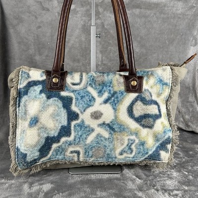 Myra Bag Blue Green Floral Canvas & Leather Large Western Tote Bag Bohemian