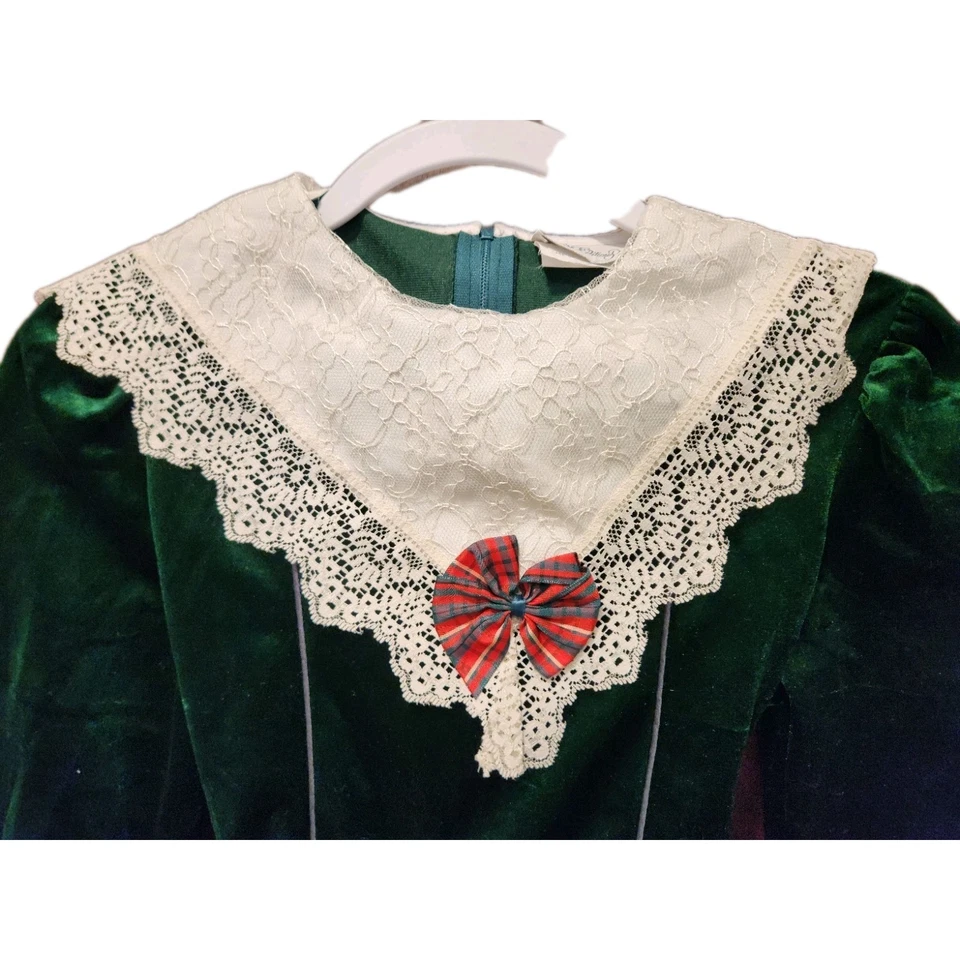 Vintage Rare Editions Christmas Holiday Dress Green Velvet White Lace Sz 14 Bow - Image 4 of 4