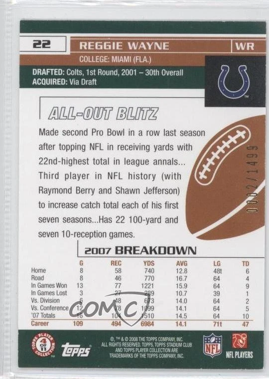 2008 Topps Stadium Club 1st Day Issue /1499 Reggie Wayne #22 - Image 2 of 2