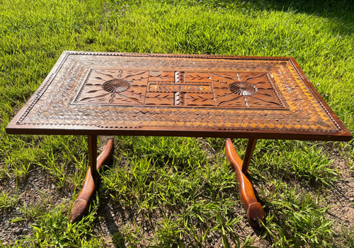 Vintage Carved Wood & Leather Coffee Table South American Folk Art Mid Century
