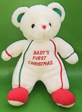 VTG Carters White Baby's First Christmas Teddy Bear Plush Green Red Rattle Lovey