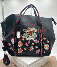 ED HARDY Large Black Vegan Weekender Tote Overnight Bag Love Kills Slowly - NWT