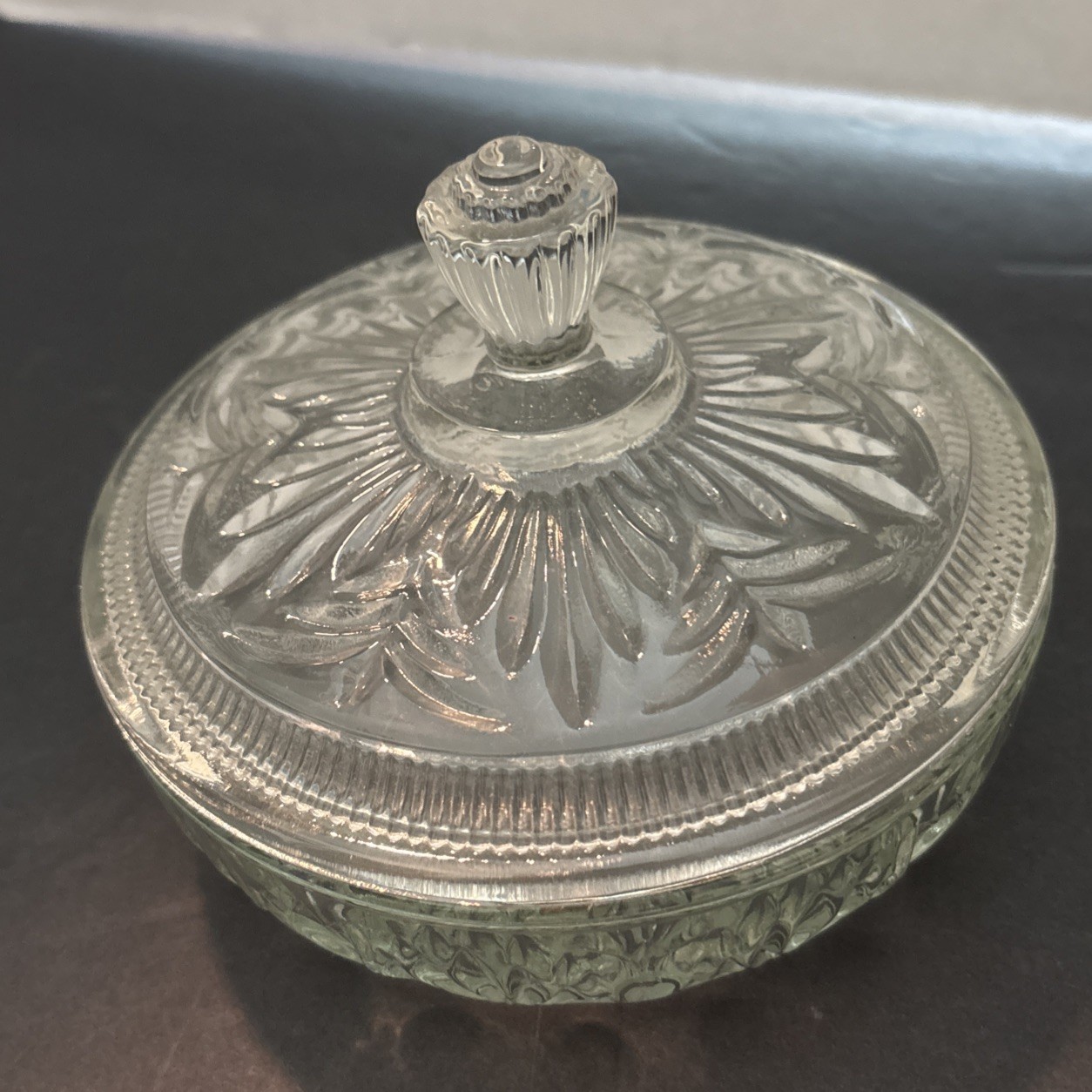 AVON Clear Pressed Glass Candy Dish or Vanity Trinket Box with Lid