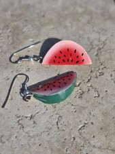 Watermelon Slice Dangle Drop Earrings wood Fu...