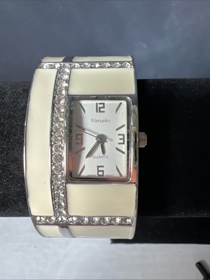 Varsales Womens Cuff Watch Beige Enamel On Silvertone With Clear Rhinestones-