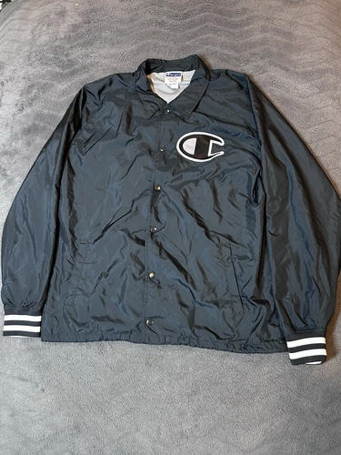 CHAMPION Coaches Giacca Cappotto Nero Stile Vintage Bottoni a Scatto Big C Retrò Taglia L
