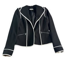 Calvin Klein Black Blazer Jacket 4 White Piping Zip Pocket Career Stretch
