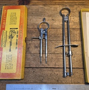 1900's CHESTERTON Nickel Plated  Gauge Glass Cutter In Original Box & DIVIDERS ☆