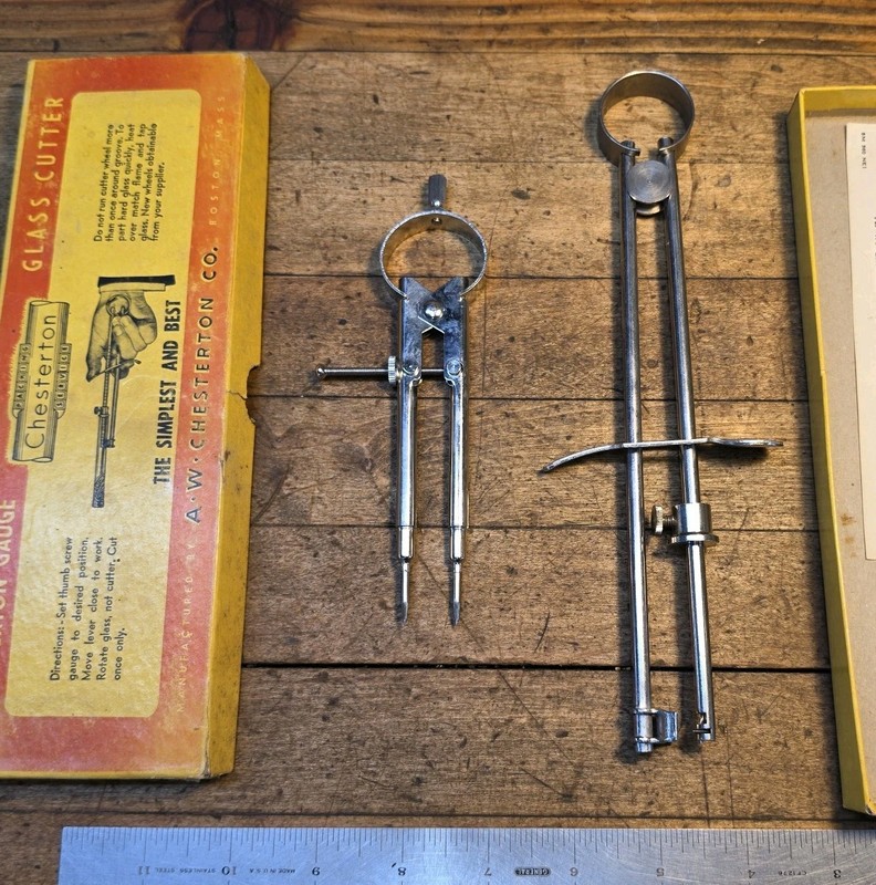 1900's CHESTERTON Nickel Plated  Gauge Glass Cutter In Original Box & DIVIDERS ☆