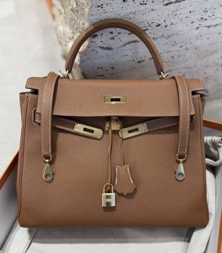 Auth Hermès Kelly 32 Retourne Togo Gold 37 GHW Gold Brown Hardware Handbag