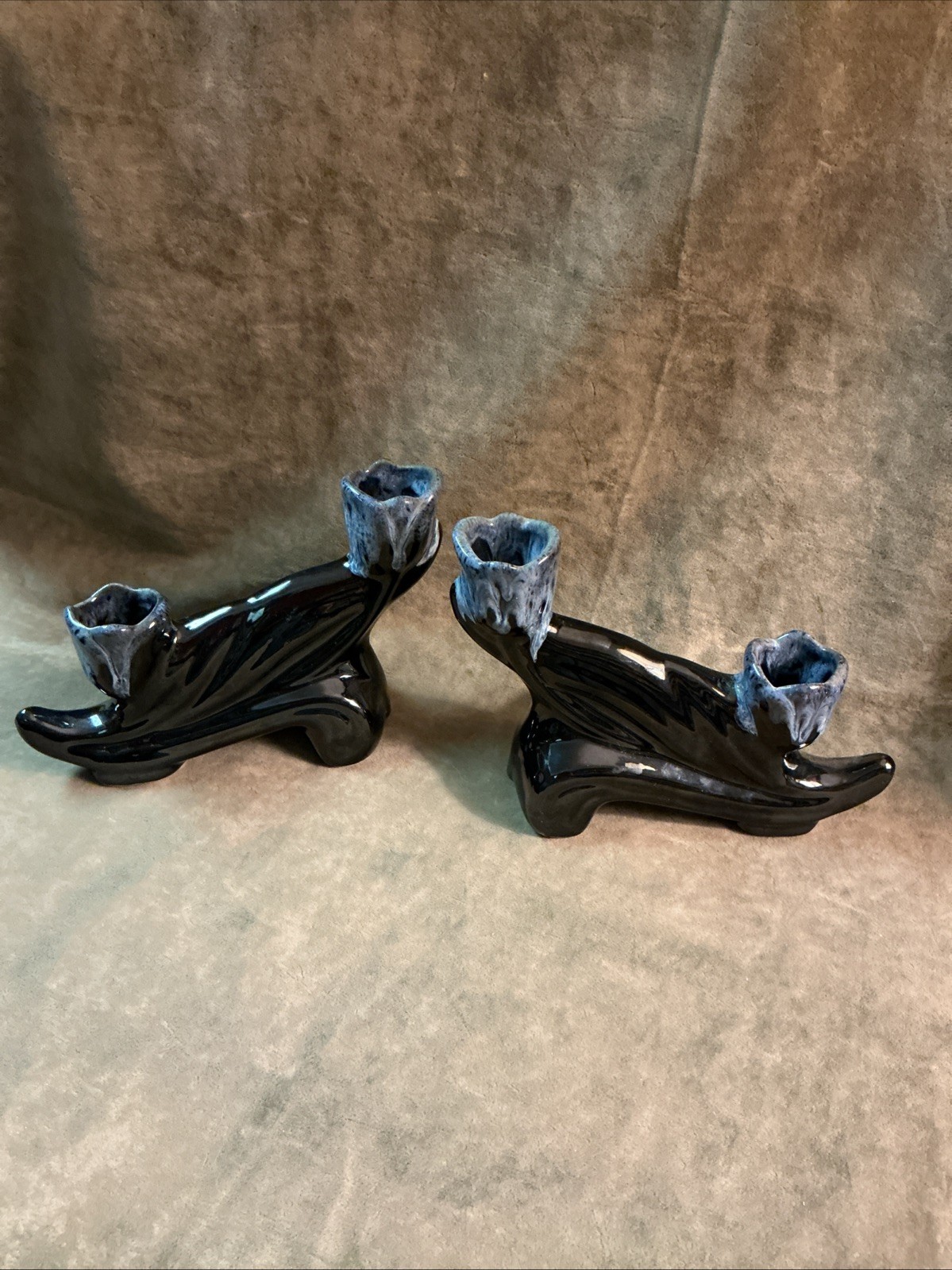 1950s Van Briggle art pottery black sea foam double candle holder Pair Sgnd Anna