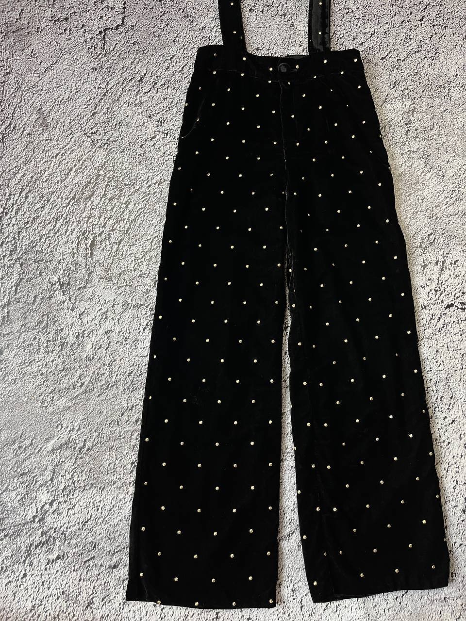 Sézane Black Velvet Gold Polka Dot Suspender Trousers High Waist Size 36 EU image 9