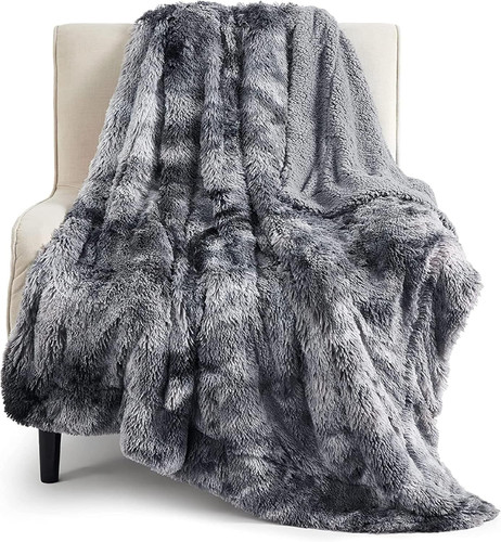 Bedsure GentleSoft Fluffy Fuzzy Faux Fur Throw (50 x 60), 01- Tie Dye Grey