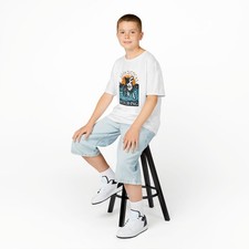 T-shirt bambino cotone pesante bordo collie cane acqua nuoto lago tramonto