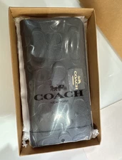NEW  Coach Embossed Signature Black Leather Long Accordion Zip Wallet
