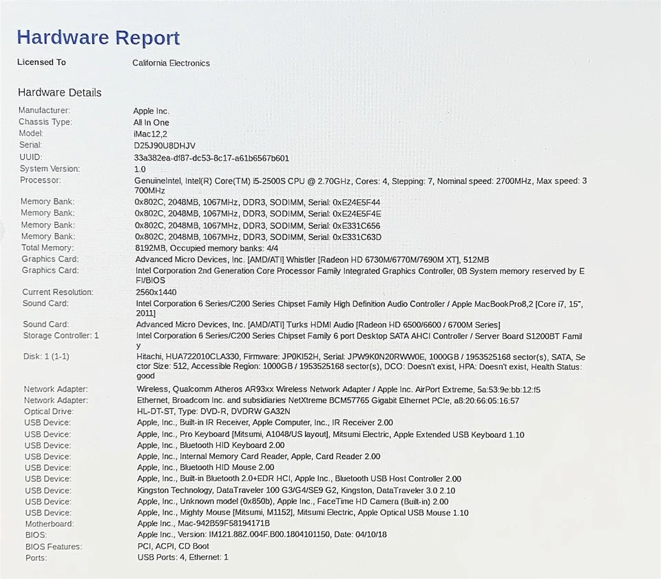 Apple iMac 12,2 A1312 2011 i5 2500S 2.70GHZ 27" 8GB RAM 1TB HDD OSX High Sierra - Image 2 of 4