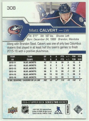 2016-17 Upper Deck Exclusives #308 Matt Calvert 086/100 - Picture 2 of 2