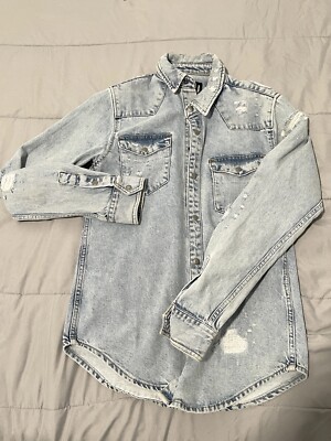 Mania Jeans Men Denim ripped jacket light blue wash Size S