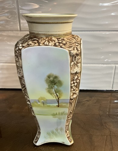 Hand Painted Nippon Vase 11" Molded in Relief Blown Out Scenic Antique - Picture 6 of 17