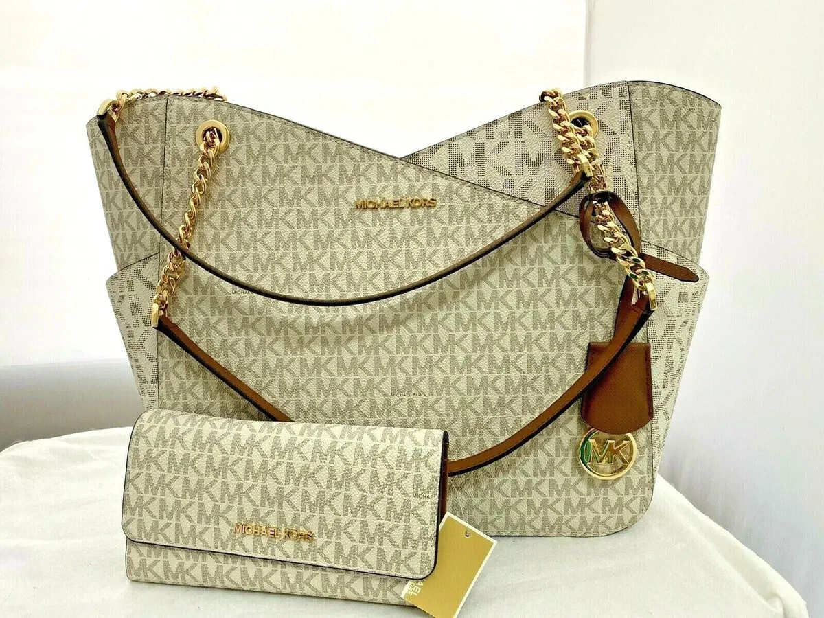 Michael Kors Jet Set Travel Large Chain Female Shoulder Tote Handbag  Vanilla mk Signature Logo 