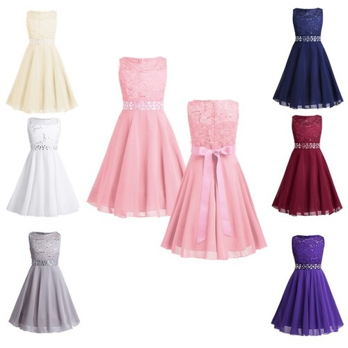 Girls Sequined Lace Dress Sleeveless Princess Pageant Wedding Birthday  Gown