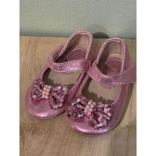 Pink Metallic Flats with Sequin Bow Pearl Detail Baby Girls Shoes Used