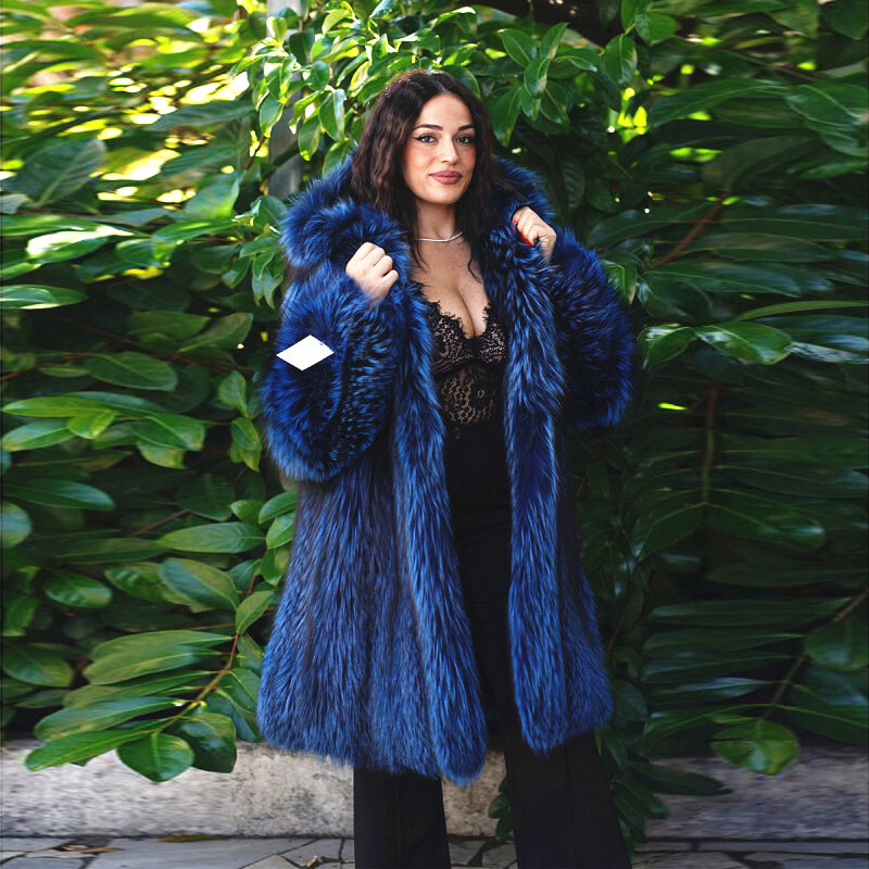 Blue Women Full Pelt Genuine Silver Fox Fur Hood Overcoats Winter Real