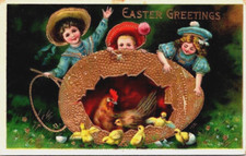 Antique Postcard Easter Greetings Victorian Children Broken Egg Hen Chicks c1910