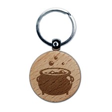 Witch's Bubbling Cauldron Pot Halloween Engraved Wood Round Keychain Tag Charm