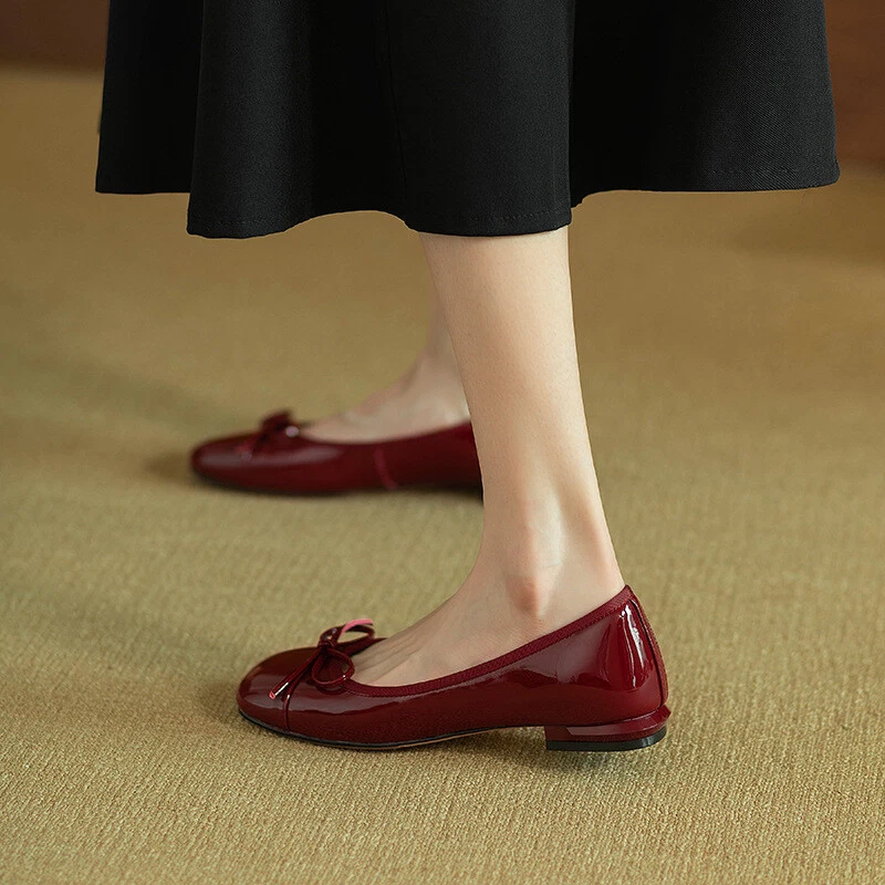Women Square Toe Slip On Summer Bows Patent Leather Flat