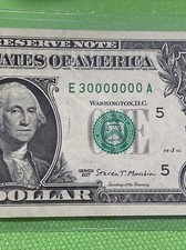 2017 $1 DOLLAR BILL *FANCY* NOTE FRN SERIAL NUMBER E30000000A Over Ink Error