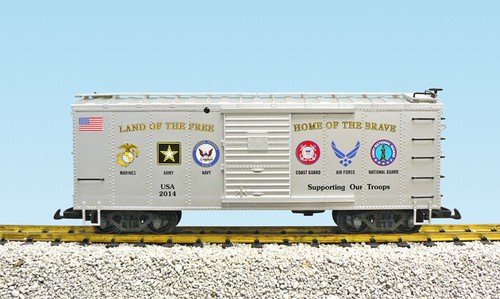Trenes EE. UU. Escala G 19095 Serie Militar "Apoya a Nuestras Tropas" Boxcar - Plateado | Zustand: New