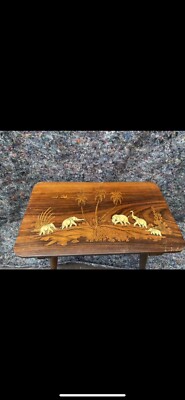 Vintage HOLZ & KNOCHEN INTARSIEN Ständer kleiner Couchtisch Handarbeit ELEFANTEN 60er #3