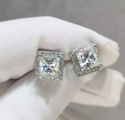 3.20Ct Lab Created Diamond Push Back Halo Stud Earrings 18K White Gold Finish