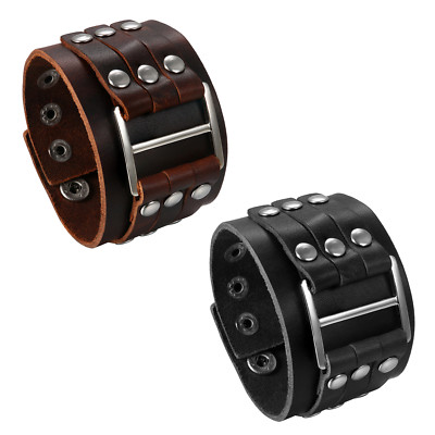 Men's Punk Wide Genuine Leather Big Buckle Rivet Cuff Wristband