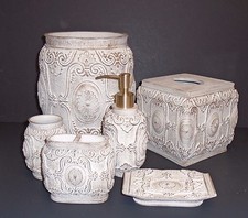 6 PC SET VICTORIAN BEIGE+GOLD DISPENSER+TISSUE+TRASH CAN+TOOTH+DISH+TUMBLER