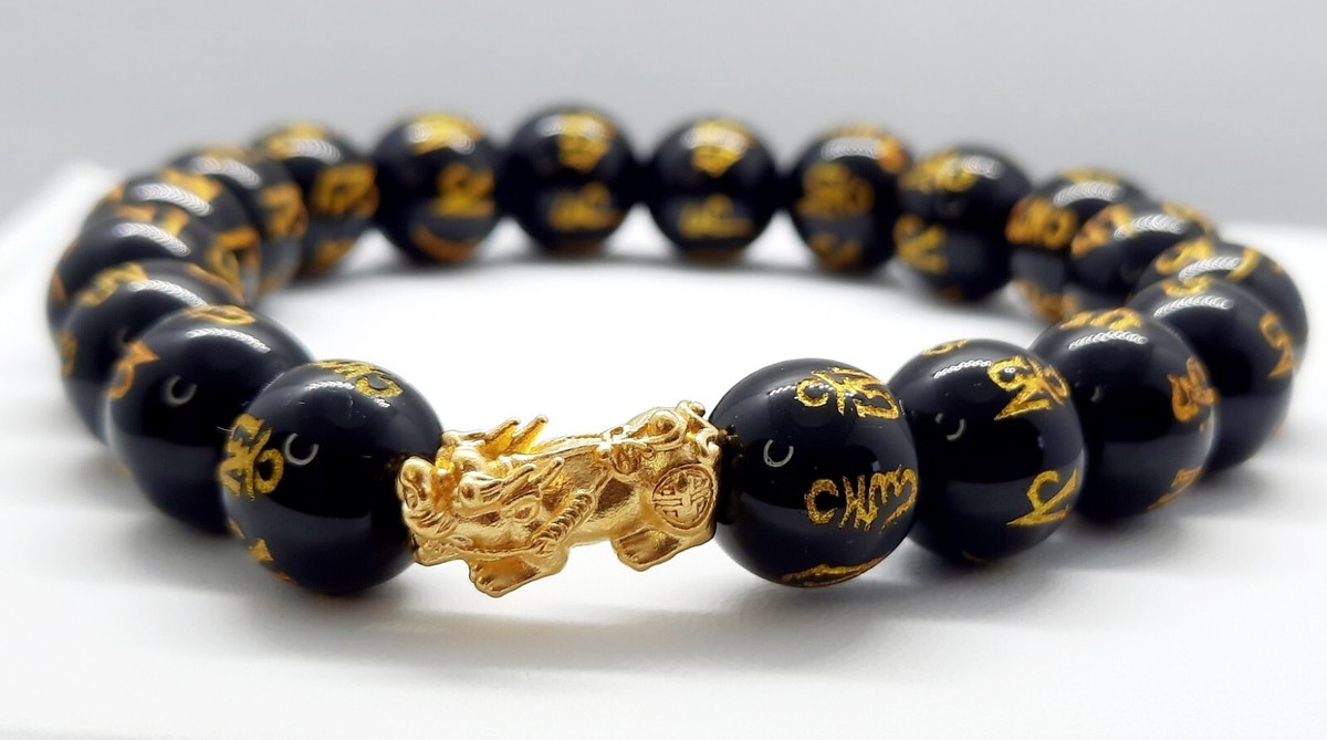 24K Gold Lucky Black Mantra Piyao Pixiu Bracelet. Size 7.5 cm