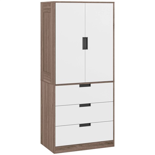 2 Door Wardrobe with 3 Drawers Hanging Rod Modern Storage Unit Bedroom Brown - Picture 12 of 12