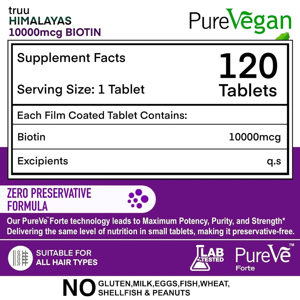 Vitamina B7 Biotina 10000mcg 120 Comprimidos Vegetales, Crecimiento del Cabello, Suplemento Piel y Uñas Foto 3 de 4