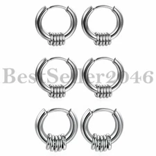 3Pairs Stainless Steel Circle Beads Huggie Hinged Hoop Stud Earrings Men Women
