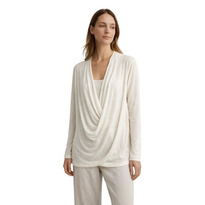 Eileen Fisher White Draped Twist Front V-Neck Long Sleeve Knit Top S Wool Blend